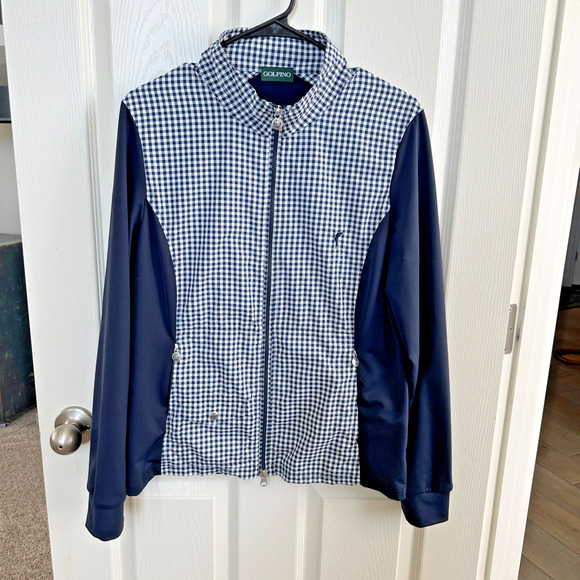 golfino germany women’s large navy check full zip golf jacket european style - Picture 1 of 16